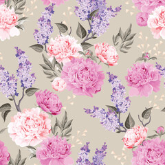 Peonies and lilac seamless background - obrazy, fototapety, plakaty
