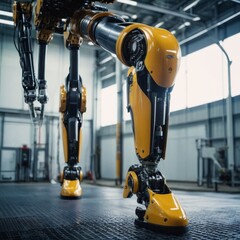 A row of sleek yellow industrial robots stands ready in a factory, highlighting the intersection of automation and modern manufacturing.