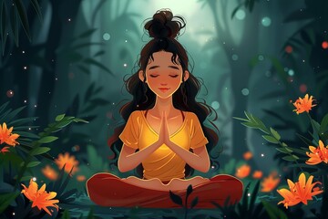 Cartoon yoga instructor in a calm pose, surrounded by a tranquil forest ambiance and glowing flora