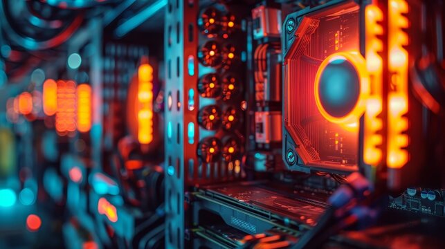 A computer monitor with a red fan on it. The fan is glowing brightly and the monitor is surrounded by other monitors