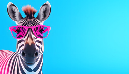 Cute zebra with pink glasses on blue background with copy space for text