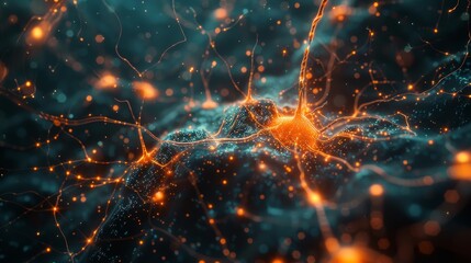 A close up of a brain with many orange and blue lights. Concept of complexity and mystery, as the brain is made up of many different parts and functions - obrazy, fototapety, plakaty