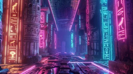 Fotobehang A future where the legacy of ancient Egypt is preserved in neon, its history and culture shining bright in the cosmos © NightTampa