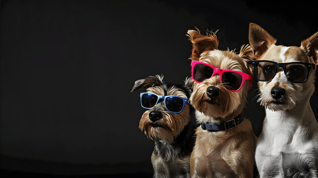 Stylish dogs in bright sunglasses and playful collars wearing stylish clothes.