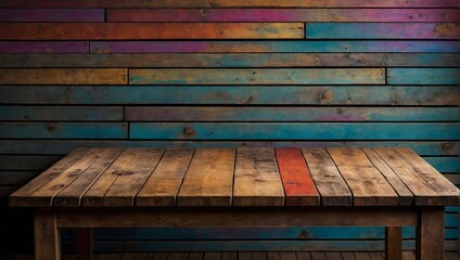 Rustic wooden table against a colorful plank background.