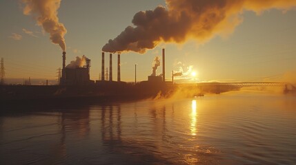 Fototapeta premium A large industrial plant is spewing smoke into the air. The sky is orange and the sun is setting