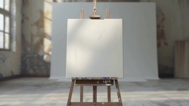 Single one easel with white empty blank square canvas in bright minimalistic interior of exhibition hall, studio or artist workshop. Front view. Mock up for artwork image, paint creative space.