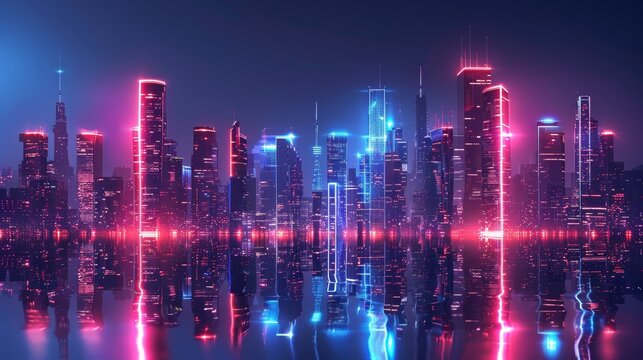A city skyline is reflected in the water, with neon lights illuminating the buildings. Scene is vibrant and energetic, with the bright colors and the city lights creating a sense of excitement