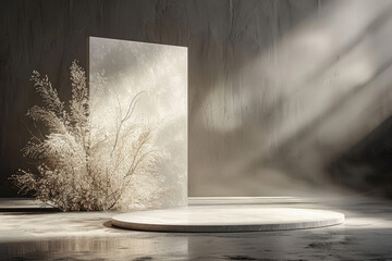 Concrete podium and dried flowers in the sun and smoke.