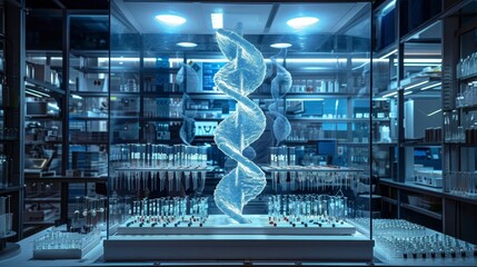 A lab with a DNA strand in a glass case. The lab is filled with many glass containers and bottles