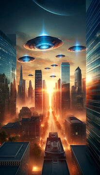 A fleet of UFOs casting beams over a city at sunrise, ideal for engaging content in sci-fi and mystery genres.