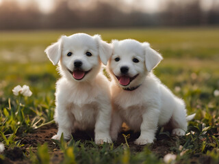 Two Golden retriever puppies outside in the park on the grass .