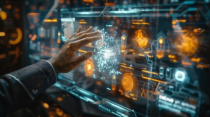A hand is touching a screen with a lot of glowing numbers and symbols. Concept of technology and innovation, as well as the idea of human interaction with machines