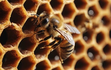 Close up of a honeybee pollinating a honeycomb in its beehive - obrazy, fototapety, plakaty
