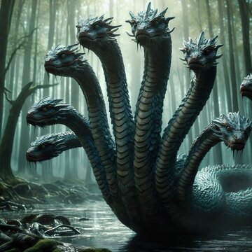 Hydra, a many-headed monster from ancient Greek mythology. When it loses a head, it grows two new ones. Water snake. Deadly breath and poisonous saliva. Lernaean Hydra or Hydra of Lerna. Generative AI