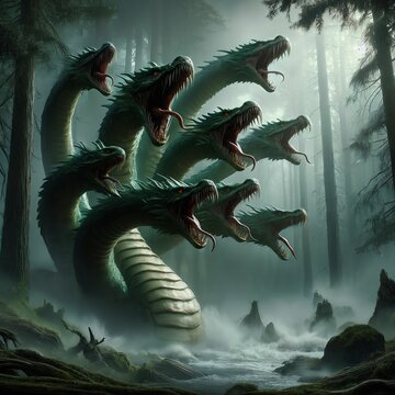 Hydra, a many-headed monster from ancient Greek mythology. When it loses a head, it grows two new ones. Water snake. Deadly breath and poisonous saliva. Lernaean Hydra or Hydra of Lerna. Generative AI