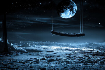 A solitary swing hanging from the moon, swinging gently over an otherworldly landscape, leaving room for thoughts on the whimsy of dreams