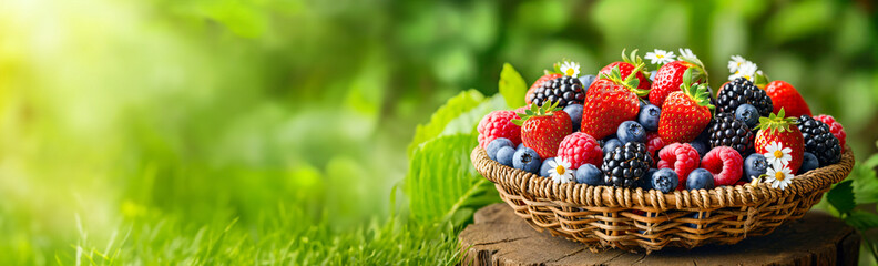 Harvest of different fresh berries in basket on wooden stump surrounded summer flowers and plants. Healthy food concept, gardening, banner