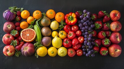 Vibrant, rainbowcolored produce collection set against a sleek, dark background for dramatic contrast