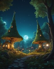 Two whimsical houses nestled in an enchanted forest glow warmly under a full moon, creating a magical and inviting fairytale scene.