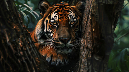tiger on the tree staring at you , wildlife , prdeator  - obrazy, fototapety, plakaty
