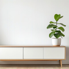 Template of minimalist design of a modern living room with white wooden sideboard closeup. Interior mockup with clean walls for pictures, posters, paintings, sculptures, and other wall art. 
