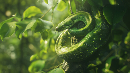 green snake on the tree , wild life , amazon forest , day light , poison reptile