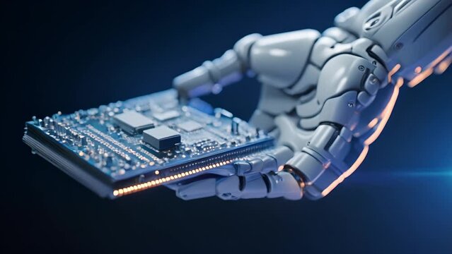 Modern high tech authentic robotic arm holding contemporary supercomputer processor. Industrial robot end effector holding CPU chip	