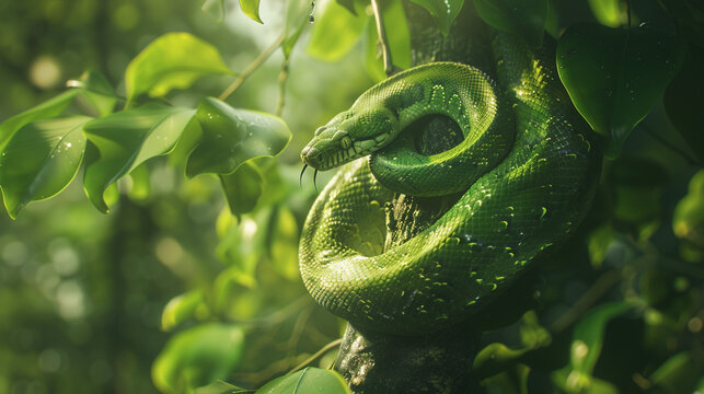 green snake on the tree , wild life , amazon forest , day light , poison reptile