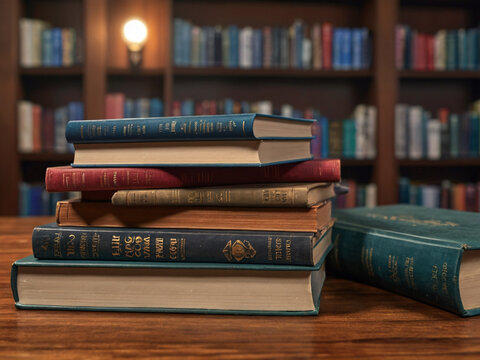 photo of a stack of books on a table, library, 8k, hdr, realistic, detalied