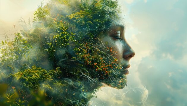 A woman's face is made of plants and trees by AI generated image