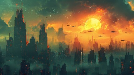 A cityscape with a large yellow sun in the sky. The sun is surrounded by many flying objects, including a few UFOs. The sky is filled with clouds, and the city is lit up by the sun