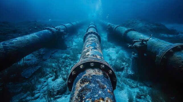 A pipe is underwater and has a lot of rust on it. The pipe is surrounded by water and rocks