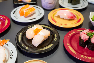 Taiwan 15 December 2023:  Dishes of Sushi in the Sushiro Japanese restaurant - 776118178