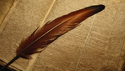 An elegant feather quill resting on a weathered ancient manuscript, symbolizing the timeless art of writing and history.