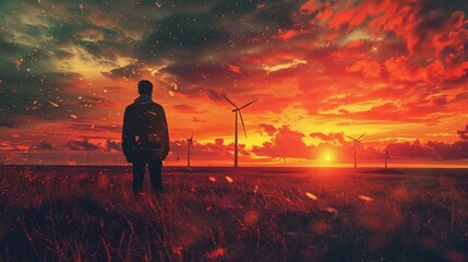 A man stands in a field of tall grass, looking out at the sunset. The sky is filled with clouds and the sun is setting, casting a warm glow over the landscape. The scene is peaceful and serene - obrazy, fototapety, plakaty
