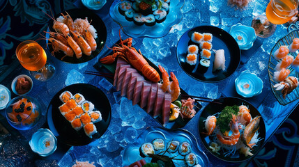 An elegant blue-themed table arrangement showcasing a seafood extravaganza with platters of lobster, shrimp, and sushi rolls, reminiscent of ocean waves.