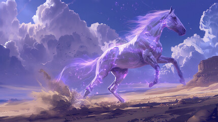 An ethereal lavender horse with an otherworldly aura, gliding effortlessly through the desert sands...