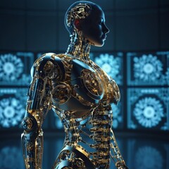 A strikingly detailed image of a cybernetic female figure against a backdrop of spinning gears, exuding a sense of high-tech evolution.