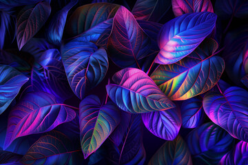 Vibrant neon colored leaves on dark background, creating dense foliage pattern