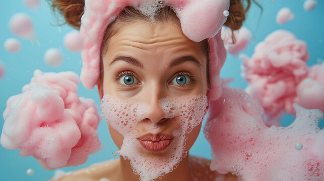 Playful young woman with soap suds on face and hair, surrounded by pink foam, against a blue background.