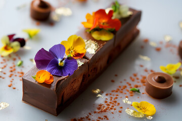 A decadent chocolate dessert adorned with edible flowers and gold leaf, exuding luxury and indulgence in every bite