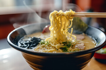 A steaming bowl of traditional ramen noodles served in a cozy Japanese noodle shop, with chopsticks poised and ready to dive in