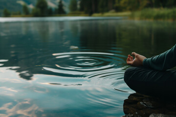 A close-up of a person meditating by a tranquil lake, with ripples of calm water reflecting the peacefulness of their inner state