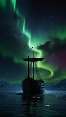 Valhalla viking ship flying to the moon through aurora northern lights, solar wind, magnetospheric plasma, ionization, thermosphere/exosphere, cold/warm, milky way background, cosmic, astral, quantic - obrazy, fototapety, plakaty