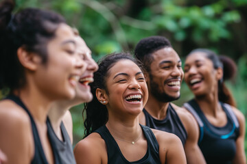 A group of friends laughing and bonding during a outdoor fitness class in the park, surrounded by...