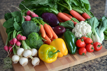 A colorful assortment of fresh vegetables arranged on a cutting board, highlighting the beauty and nourishment of wholesome plant-based foods