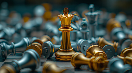 The intricate scene of a golden king amidst toppled pawns highlights the chaos and strategies within the game of chess
