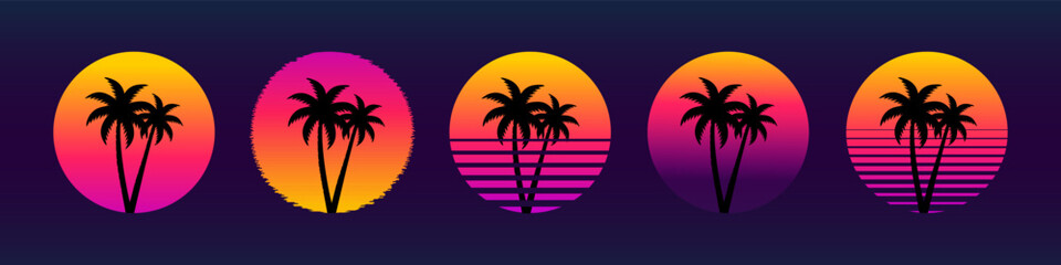 Vintage retro 80s style tropical sunset with palm tree. Retro sunset from 80s. Vintage 80s neon sun collection. © Bilbo Baggins