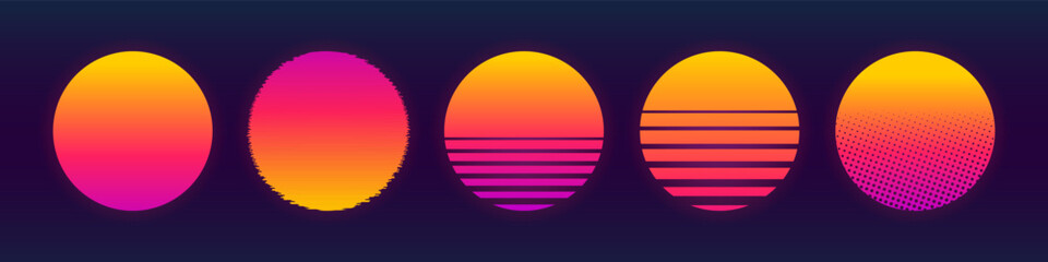 Retro sunset from 80s. Vintage 80s neon sun collection. Abstract cyberpunk sun template in gradient. Cyber or sci-fi concept.
